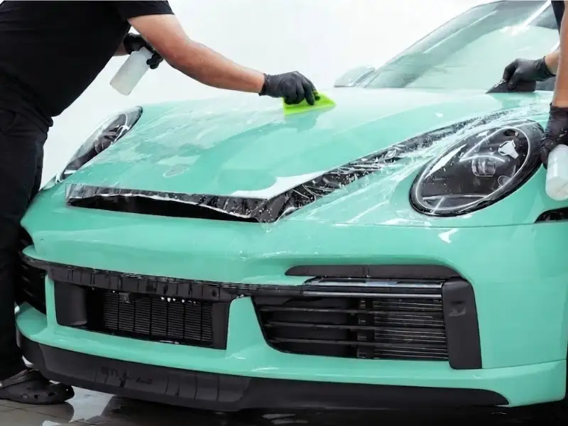 Paint protection film shielding a front bumper from rock chips